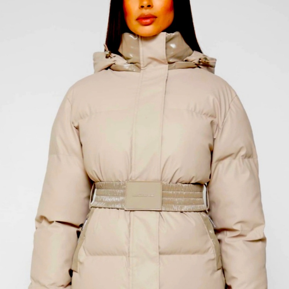 Maniere De Voir Beige MATTE & HIGH SHINE BELTED PUFFER JACKET - BEIGE